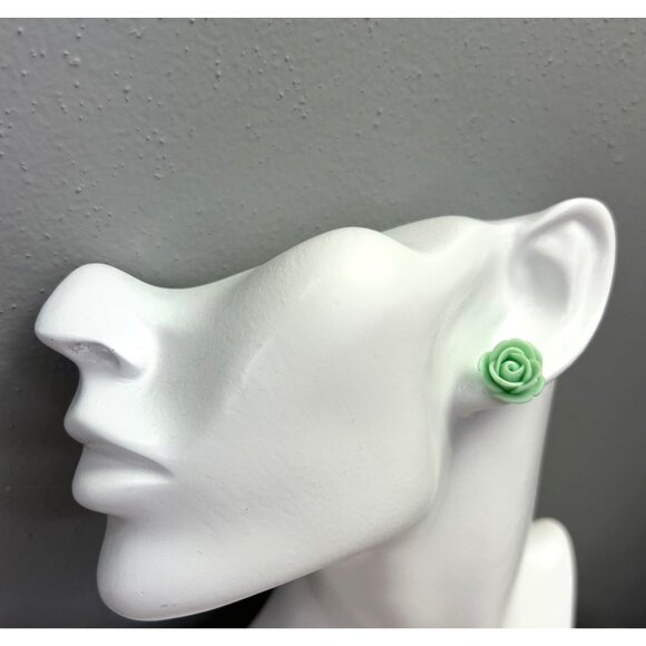 Rosebud Rose Flower Earrings Seafoam Mint Green Teal Studs Small Floral - Picture 1 of 5